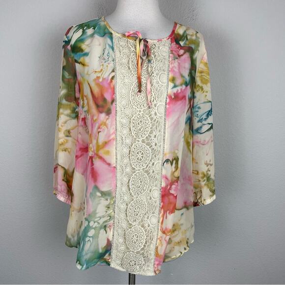 Chico's Off White Lace Inset Pop Over Top 3 - Picture 1 of 7